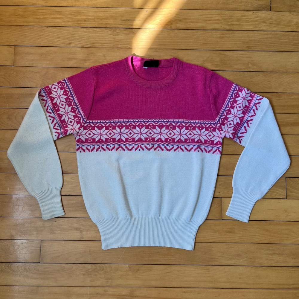 Vintage Meister Pink White Fair Isle Snowflake Ski Sweater Womens Medium Retro